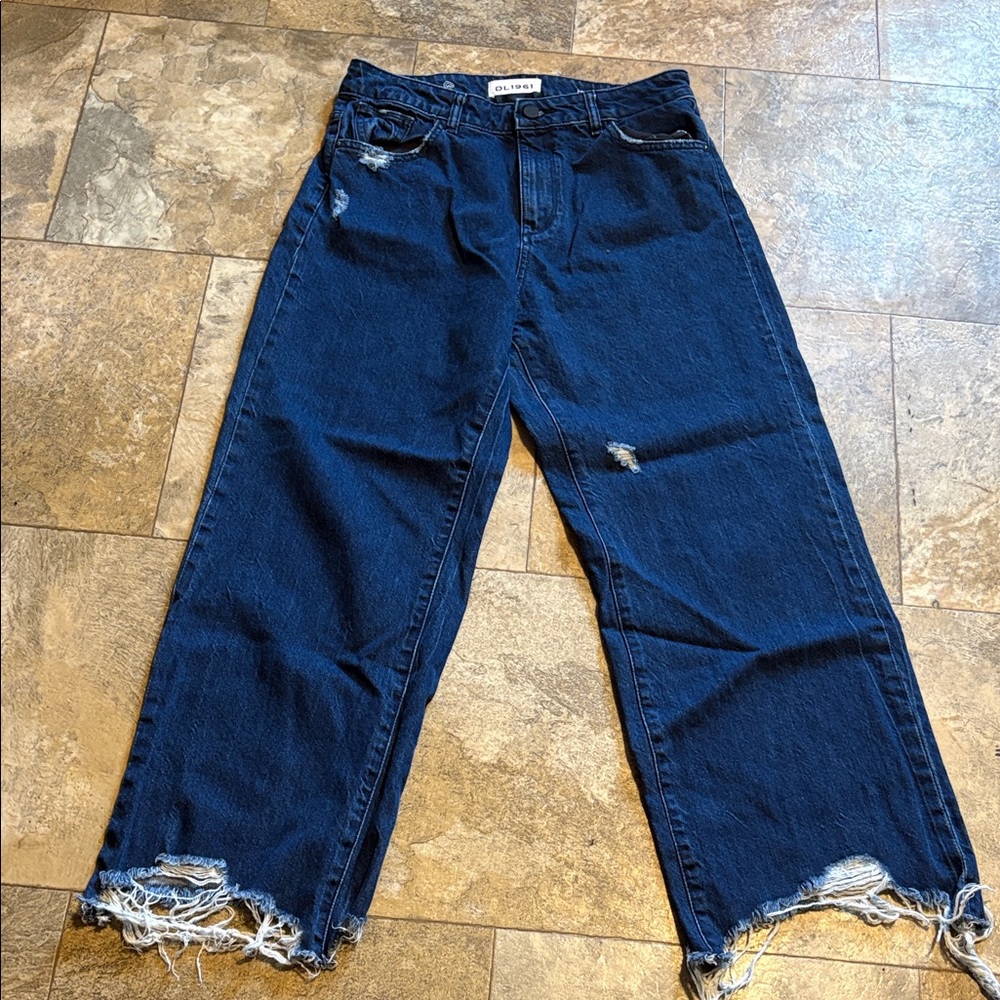 DL1961 Hepburn High Rise Wide Leg Crop Jeans 29 Distressed Raw Hem Y2K